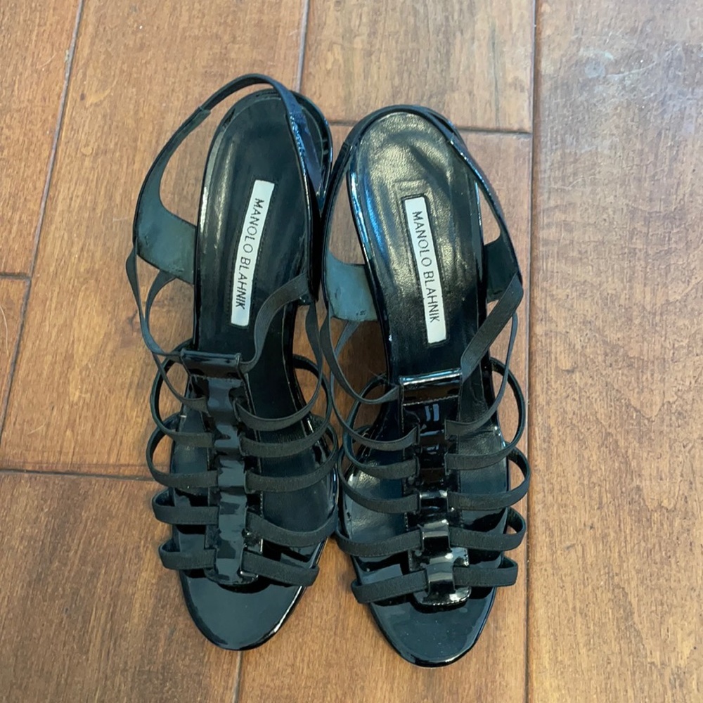 MANOLO BLAHNIK black patent strappy wedge sandals
